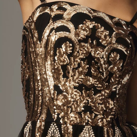 NEW Dress The Population Size L, XL Callie Fringe Strapless Mini Dress, Gold/Blk - Picture 4 of 6